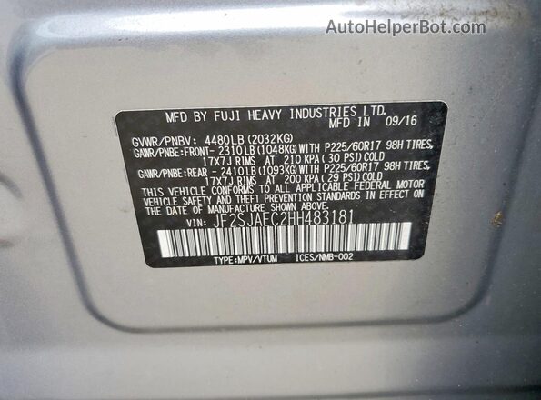 JF2SJAEC2HH483181 2017 SUBARU FORESTER Silver Vista de la etiqueta del VIN