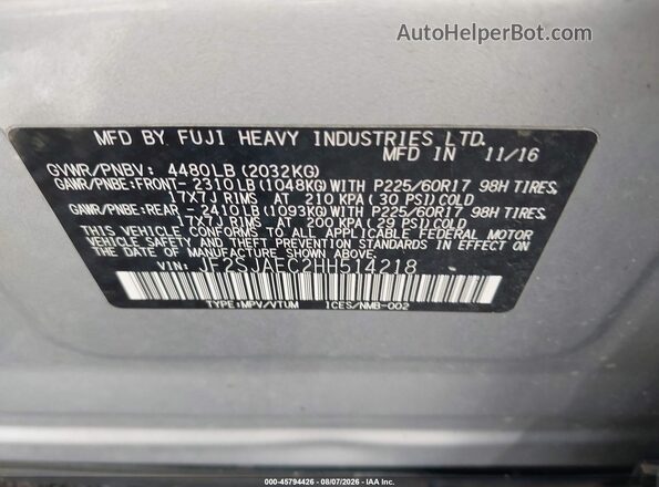 JF2SJAEC2HH514218 2017 SUBARU FORESTER Silver Widok komory silnika