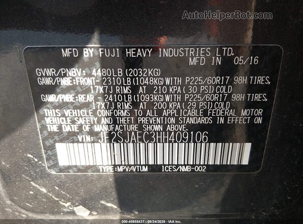 JF2SJAEC3HH409106 2017 SUBARU FORESTER Серый Вид подкапотного пространства