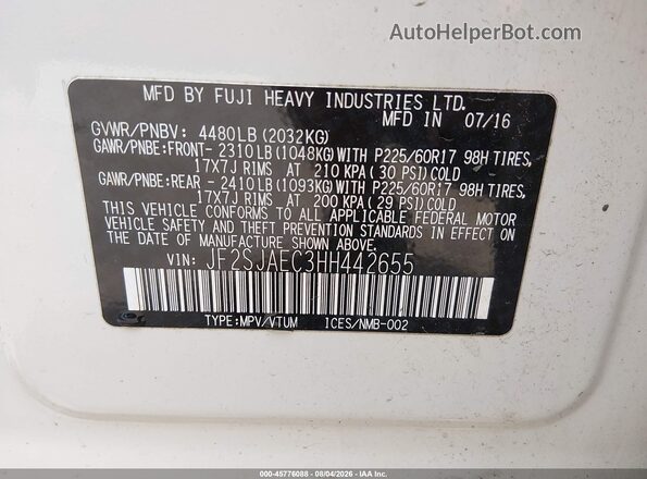 JF2SJAEC3HH442655 2017 SUBARU FORESTER White Engine compartment view