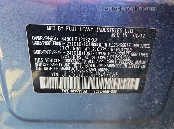 JF2SJAEC3HH547485 2017 SUBARU FORESTER Blue VIN კოდის სტიკერის ხედი