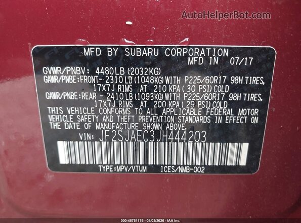JF2SJAEC3JH444203 2018 SUBARU FORESTER Красный Вид подкапотного пространства