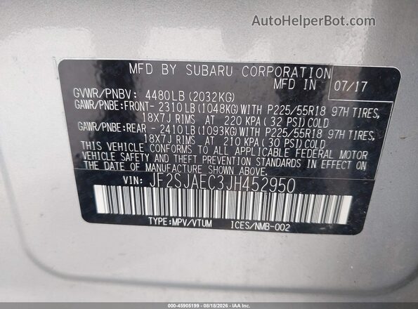JF2SJAEC3JH452950 2018 SUBARU FORESTER Gray Engine compartment view