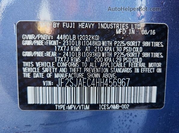 JF2SJAEC4HH456967 2017 SUBARU FORESTER Blue Սալոնի 360 աստիճան տեսք