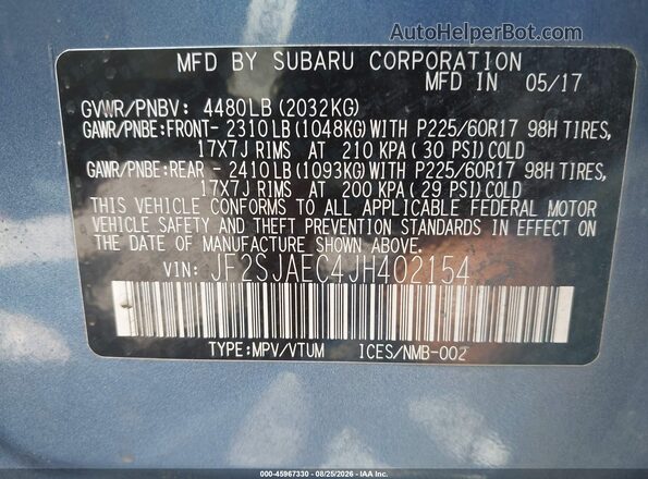 JF2SJAEC4JH402154 2018 SUBARU FORESTER Синий Вид подкапотного пространства