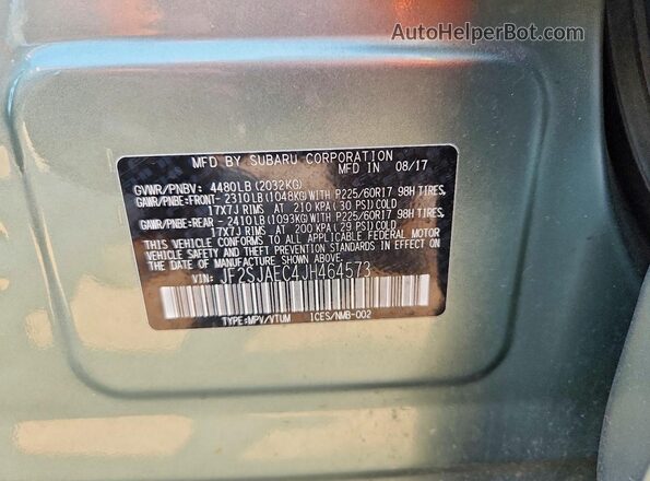 JF2SJAEC4JH464573 2018 SUBARU FORESTER Green VIN կոդի պիտակի տեսք
