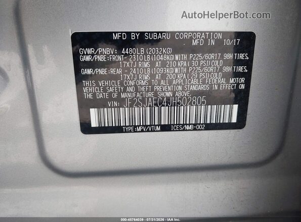 JF2SJAEC4JH502805 2018 SUBARU FORESTER Silver Вид підкапотного простору