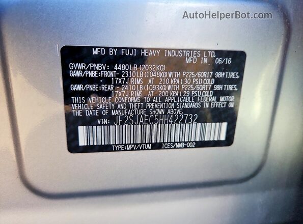 JF2SJAEC5HH422732 2017 SUBARU FORESTER Silver Vista de la etiqueta del VIN
