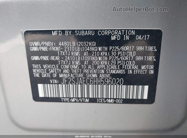 JF2SJAEC6HH596020 2017 SUBARU FORESTER Silver Widok komory silnika