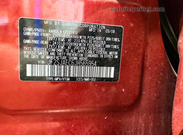 JF2SJAEC6JH565954 2018 SUBARU FORESTER Red VIN կոդի պիտակի տեսք