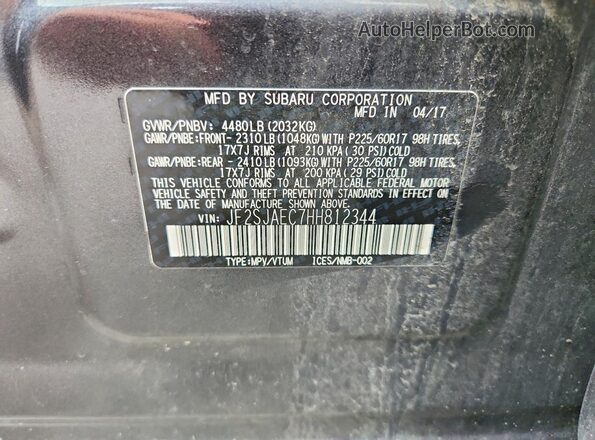 JF2SJAEC7HH812344 2017 SUBARU FORESTER Gray Вид наклейки з VIN-кодом