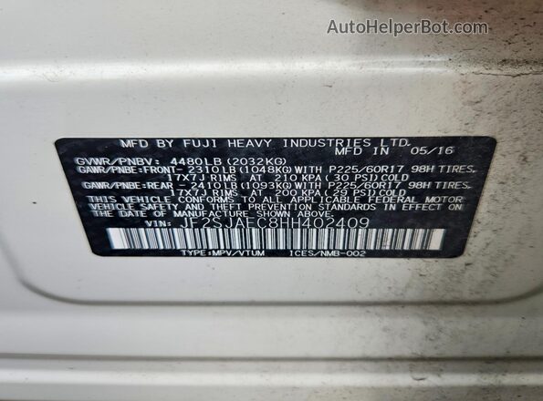 JF2SJAEC8HH402409 2017 SUBARU FORESTER Белый Панорамный вид салона 360°
