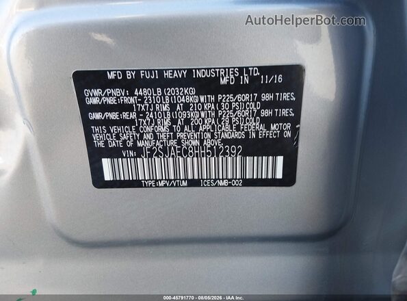 JF2SJAEC8HH512392 2017 SUBARU FORESTER Серебряный Вид подкапотного пространства