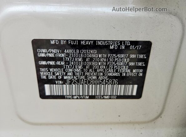 JF2SJAEC8HH545876 2017 SUBARU FORESTER White VIN კოდის სტიკერის ხედი