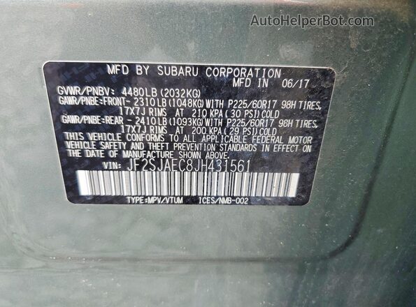 JF2SJAEC8JH431561 2018 SUBARU FORESTER Green VIN sticker view