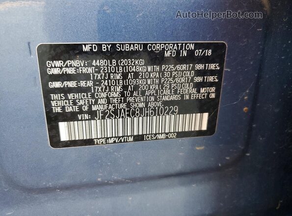 JF2SJAEC8JH610229 2018 SUBARU FORESTER Blue Vista interior de 360 grados