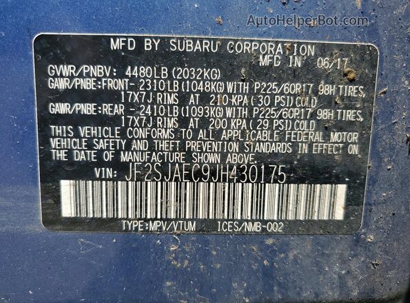 JF2SJAEC9JH430175 2018 SUBARU FORESTER Blue VIN კოდის სტიკერის ხედი