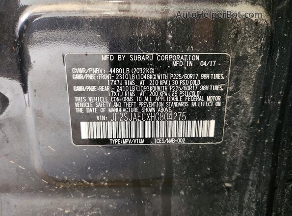 JF2SJAECXHG804275 2017 SUBARU FORESTER Серый Вид наклейки с VIN-кодом