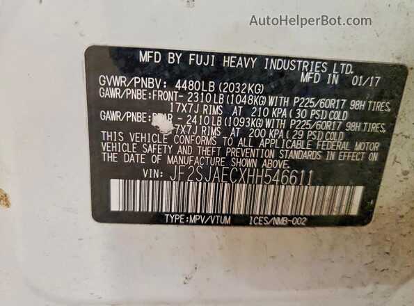 JF2SJAECXHH546611 2017 SUBARU FORESTER White VIN კოდის სტიკერის ხედი