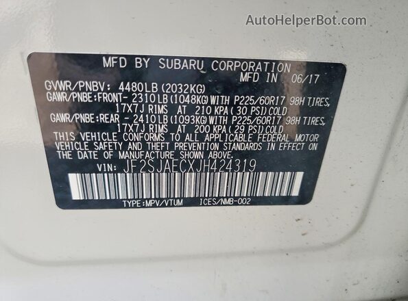 JF2SJAECXJH424319 2018 SUBARU FORESTER Белый Вид наклейки с VIN-кодом