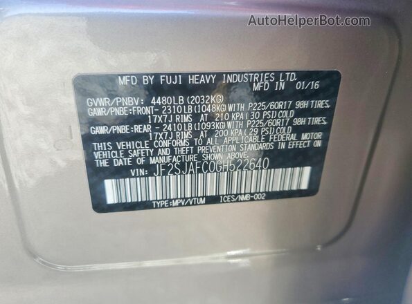 JF2SJAFC0GH522640 2016 SUBARU FORESTER Tan Widok naklejki z numerem VIN