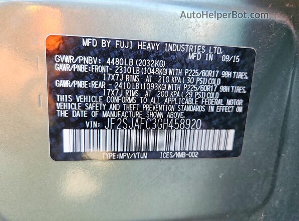 JF2SJAFC3GH458920 2016 SUBARU FORESTER Green Engine compartment view
