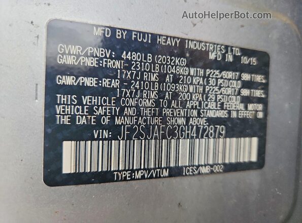 JF2SJAFC3GH472879 2016 SUBARU FORESTER Серебряный Вид наклейки с VIN-кодом