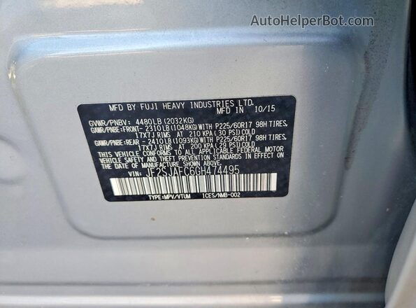 JF2SJAFC6GH474495 2016 SUBARU FORESTER Silver Вид наклейки з VIN-кодом