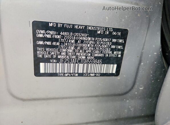 JF2SJAFC7GH559846 2016 SUBARU FORESTER Silver Vista de la etiqueta del VIN