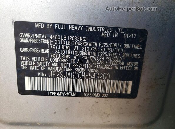 JF2SJAGC0HH543200 2017 SUBARU FORESTER Silver VIN կոդի պիտակի տեսք