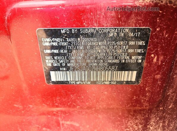 JF2SJAGC2HH805587 2017 SUBARU FORESTER Burgundy Vista de la etiqueta del VIN