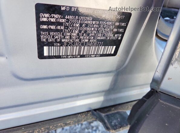 JF2SJAGC3JH408721 2018 SUBARU FORESTER Silver VIN კოდის სტიკერის ხედი