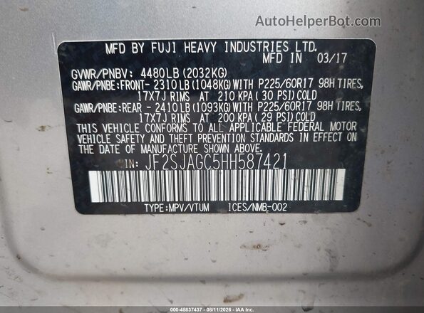 JF2SJAGC5HH587421 2017 SUBARU FORESTER Silver Engine compartment view