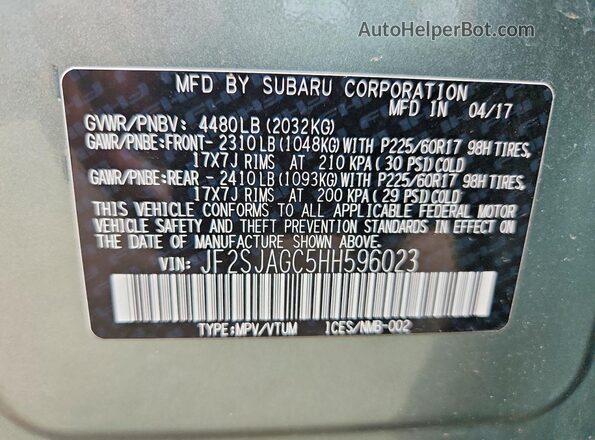 JF2SJAGC5HH596023 2017 SUBARU FORESTER Green VIN კოდის სტიკერის ხედი