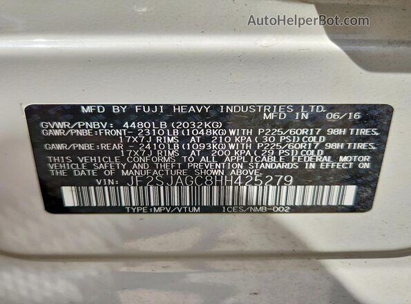 JF2SJAGC8HH425279 2017 SUBARU FORESTER White VIN კოდის სტიკერის ხედი