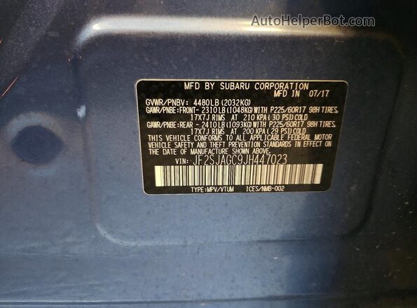 JF2SJAGC9JH447023 2018 SUBARU FORESTER Blue Вид наклейки з VIN-кодом