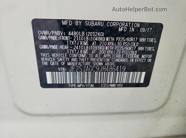 JF2SJAGC9JH486419 2018 SUBARU FORESTER White Vista de la etiqueta del VIN
