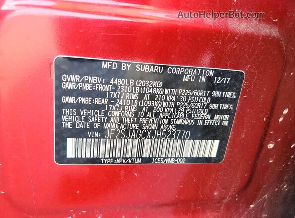 JF2SJAGCXJH523770 2018 SUBARU FORESTER Red VIN կոդի պիտակի տեսք