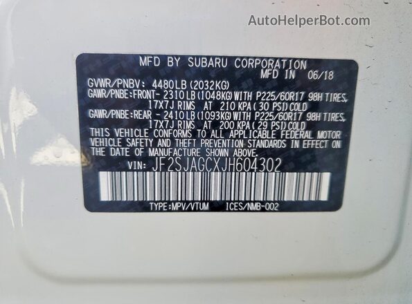 JF2SJAGCXJH604302 2018 SUBARU FORESTER White Вид підкапотного простору