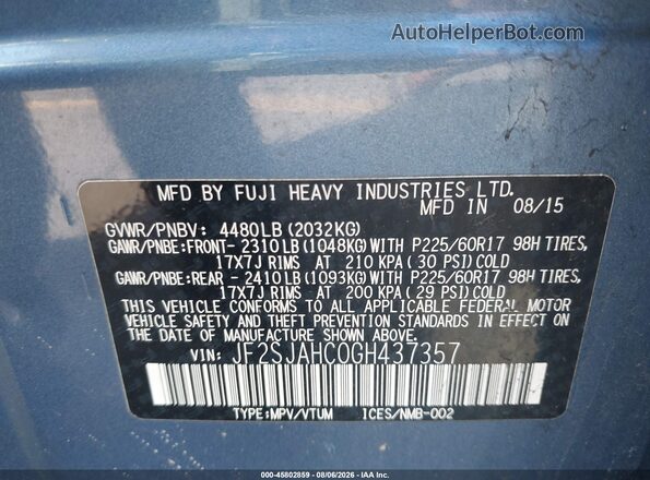 JF2SJAHC0GH437357 2016 SUBARU FORESTER Blue Շարժիչի բաժամունքի տեսք