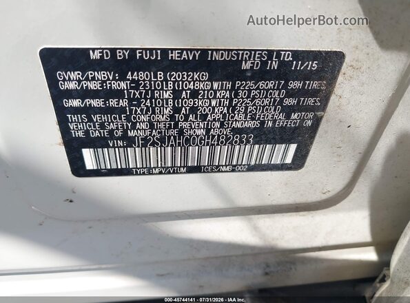 JF2SJAHC0GH482833 2016 SUBARU FORESTER White Widok komory silnika