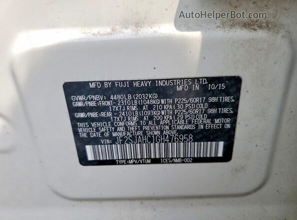 JF2SJAHC1GH476958 2016 SUBARU FORESTER White VIN sticker view