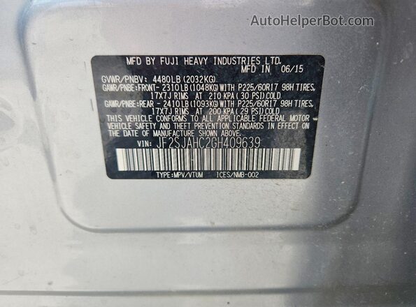 JF2SJAHC2GH409639 2016 SUBARU FORESTER Серебряный Панорамный вид салона 360°