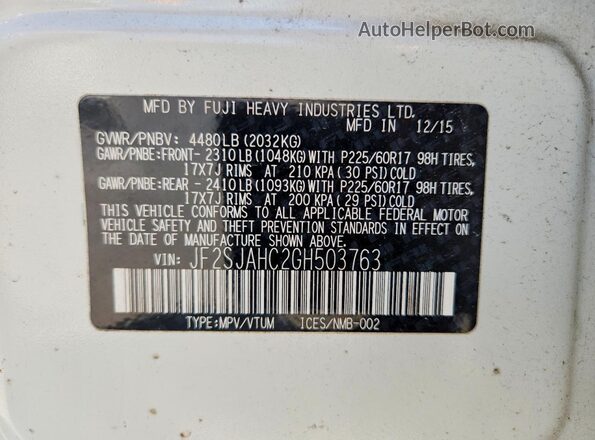 JF2SJAHC2GH503763 2016 SUBARU FORESTER White VIN կոդի պիտակի տեսք