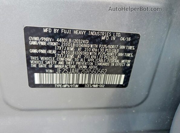 JF2SJAHC2GH560562 2016 SUBARU FORESTER Silver VIN კოდის სტიკერის ხედი