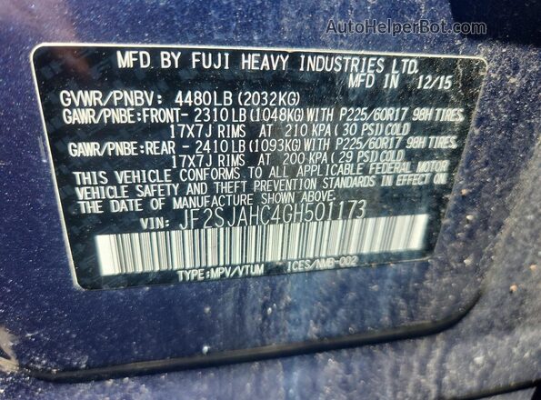 JF2SJAHC4GH501173 2016 SUBARU FORESTER Blue Vista de la etiqueta del VIN