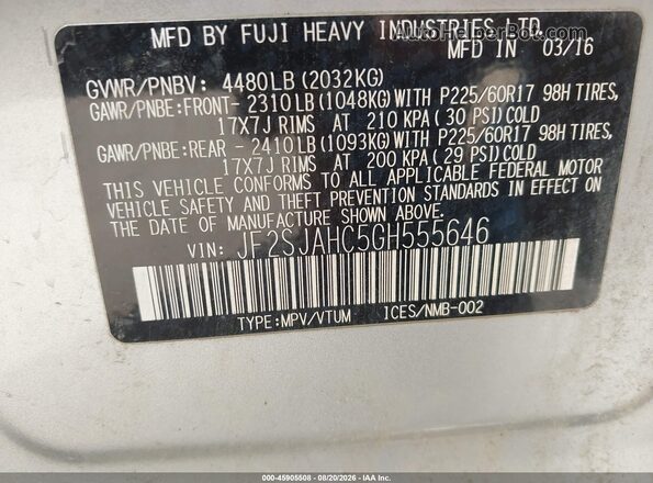 JF2SJAHC5GH555646 2016 SUBARU FORESTER Silver Вид підкапотного простору