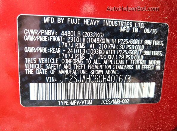 JF2SJAHC6GH401673 2016 SUBARU FORESTER Red Սալոնի 360 աստիճան տեսք