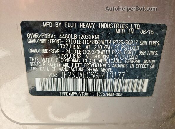 JF2SJAHC6GH410177 2016 SUBARU FORESTER Beige Widok wnętrza 360 stopni