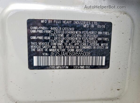 JF2SJAHC6GH555008 2016 SUBARU FORESTER White Engine compartment view